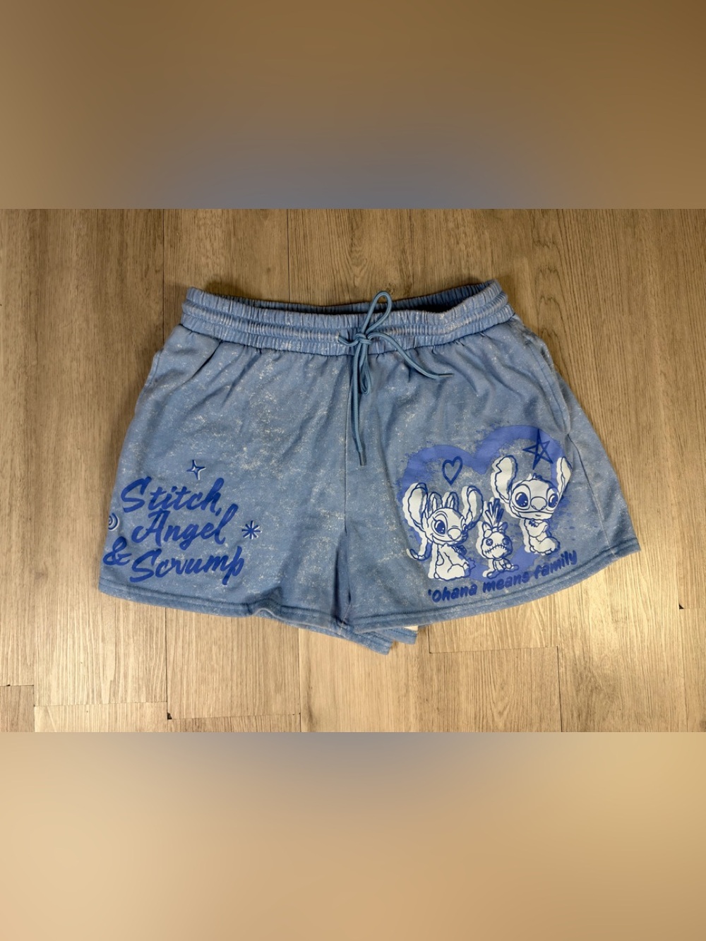 Disney Stitch Blue Acid Wash Fleece Sweat Shorts Drawstring Pockets Size Large.
